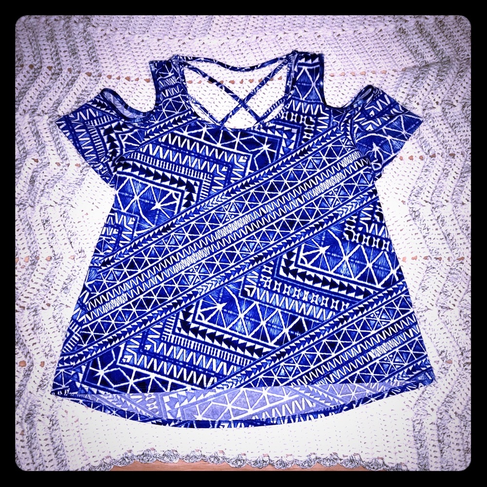 Trendy Blue&White Cold Shoulder Blouse Sz XL